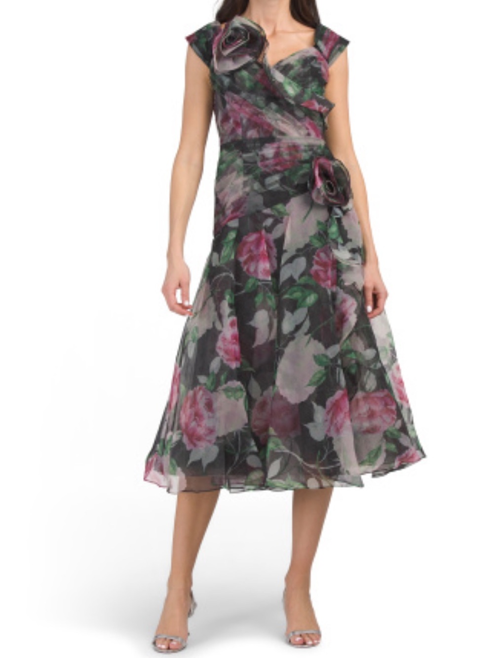 TERI JON Off The Shoulder Floral Tea-length Dress